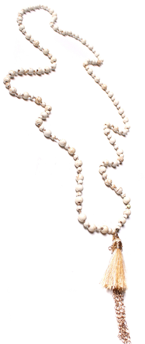 James and Jezebelle Howlite Beads & Gold Tassel Necklace James and Jezebelle Howlite Beads & Gold Tassel Necklace