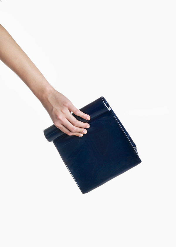 S M K Navy Vinyl Foldover Bag S M K Navy Vinyl Foldover Bag